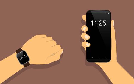 Smart watch on hand, and smartphone in hand.のイラスト素材