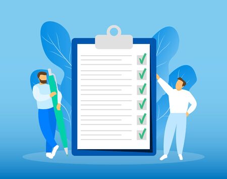Two little characters near the big checklist, vector.のイラスト素材