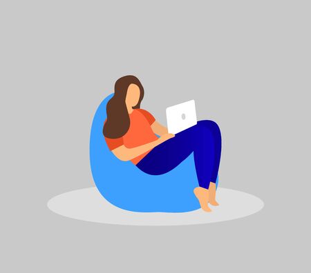 Girl sitting on a chair bag with a laptop, vector.のイラスト素材