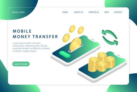 Mobile money transfer. Online transfer. Landing page. Modern web pages for web sites.のイラスト素材