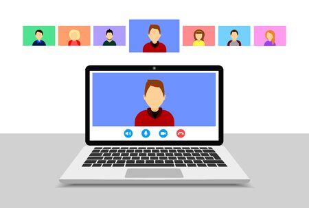 Video conference on laptop. Online meeting. Group video call. Vector flat style.のイラスト素材