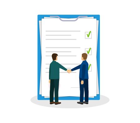 Partners shake hands. Document papers. Agreement and contract. Vector flat design.のイラスト素材