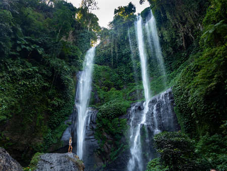 Sekumpul waterfall in the morning, no people, north Bali, Indonesiaの写真素材