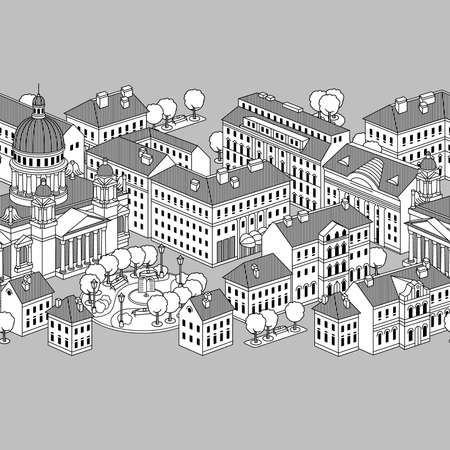 Seamless border with houses, trees and fountain  It can be used for wallpaper, pattern fills, web page background, surface textures のイラスト素材