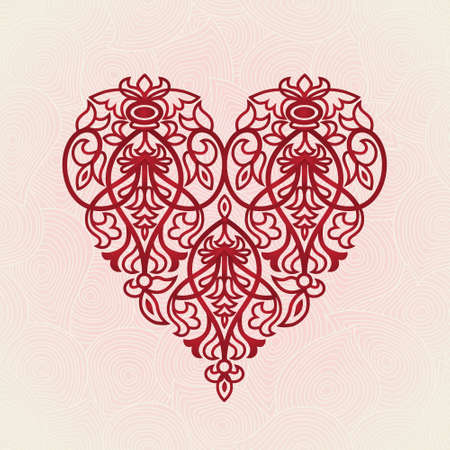 Ornate red heart on pink seamless background. Vector baroque lacy pattern. Element for design.Victorian decor for wedding invitations and greeting cards. Tradicional ornament.のイラスト素材