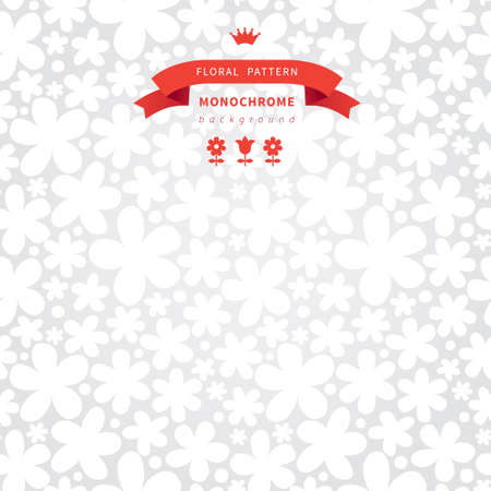 White floral seamless pattern on grey background with hipster label. Vector monochrome background. Endless simple texture. Paper textured background. Grey pattern fill.のイラスト素材