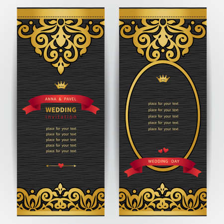 Vintage ornate cards with with hipsters label. Golden Victorian floral decor. Template frame for greeting card and wedding invitation. Ornate vector border in east style. Place for your text.のイラスト素材