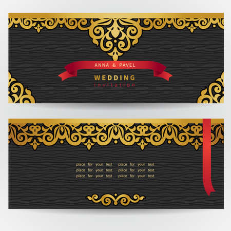 Vintage ornate cards with with hipsters label. Golden Victorian floral decor. Template frame for greeting card and wedding invitation. Ornate vector border in east style. Place for your text.のイラスト素材