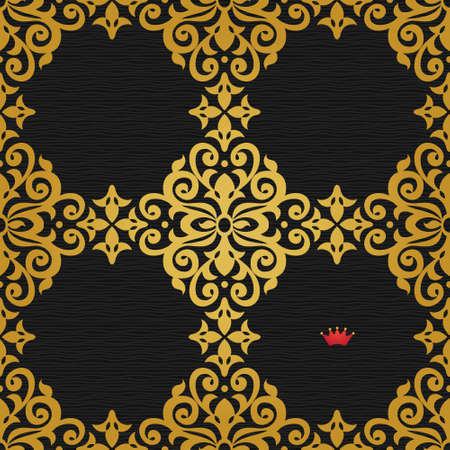 Vector seamless pattern in Victorian style. Element for design. Ornamental backdrop with golden floral ornament on dark background. Ornate decor for wallpaper. Endless texture and deluxe pattern fill.のイラスト素材