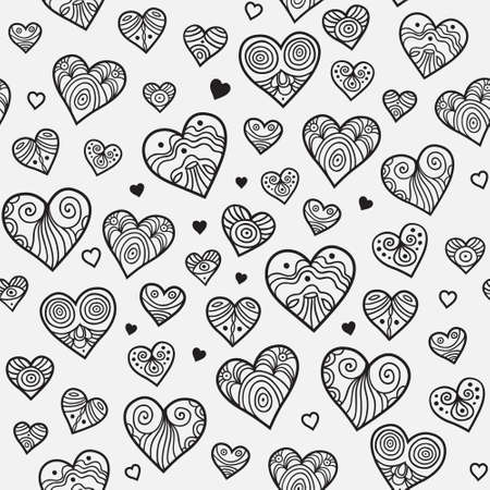 Ornamental seamless pattern with lacy hearts. Contrast black and white background. Ornamental backdrop. Ornate lace decor for wallpaper and endless texture.のイラスト素材