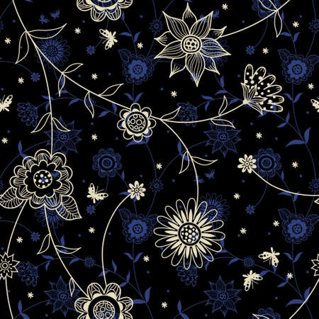 Ornate floral seamless texture in retro style. Endless pattern with flowers. Contrast black and white background. Ornamental backdrop. Ornate lace decor for wallpaper and endless texture.のイラスト素材