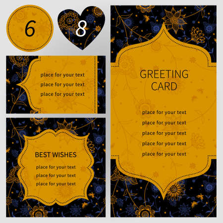Vintage ornate cards with flowers and butterflies. Golden Victorian floral decor. Template frame for greeting card and wedding invitation. Ornate vector border in east style. Place for your text.のイラスト素材