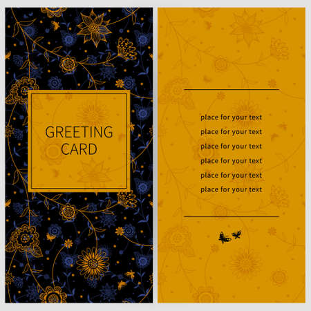 Vintage ornate cards with flowers and butterflies. Golden Victorian floral decor. Template frame for greeting card and wedding invitation. Ornate vector border in east style. Place for your text.のイラスト素材