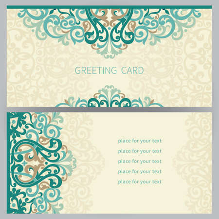 Vintage ornate cards in east style. Colorful Victorian floral decor. Template frame for greeting card and wedding invitation. Ornate vector border and place for your text.のイラスト素材