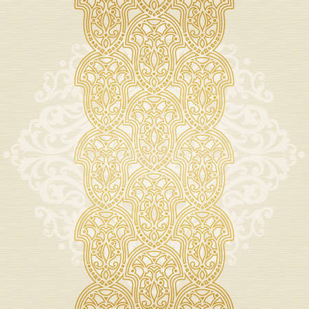 Vector seamless border in Eastern style. Ornate element for design and place for text. Ornamental lace pattern for wedding invitations and greeting cards. Traditional golden decor on light background.のイラスト素材