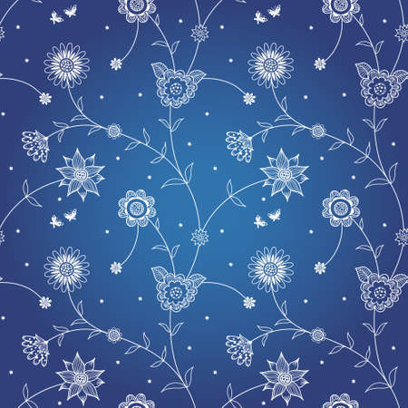 Seamless pattern with flowers and  butterflies. Ornate floral endless texture in retro style. Blue and white lace pattern.のイラスト素材