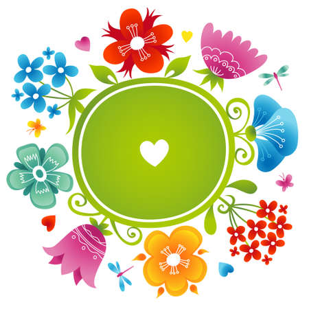 Bright pattern with colorful flowers, butterflies and dragonflies. Place for your text.  It can be used for decorating of wedding invitations, greeting cards, decoration for bags or clothes.のイラスト素材