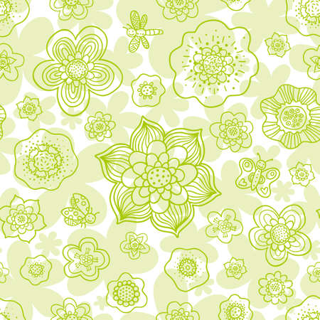 Floral outline seamless pattern with butterfly, dragonfly and ladybug. Vector monochrome background. Endless simple texture. Paper textured backdrop. Pastel pattern fill.のイラスト素材
