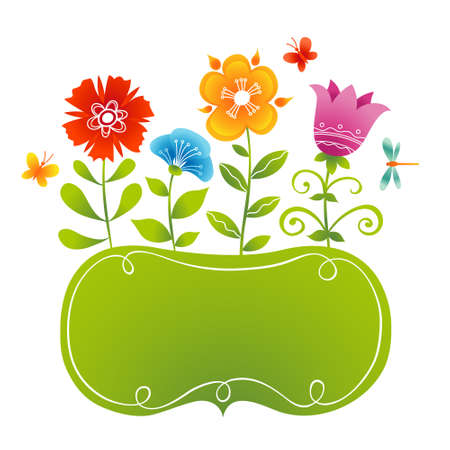 Bright pattern with colorful flowers, butterflies and dragonflies. Place for your text.  It can be used for decorating of wedding invitations, greeting cards, decoration for bags or clothes.のイラスト素材