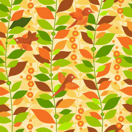 Autumn concept seamless pattern. Vintage floral background with bird and leaves. のイラスト素材