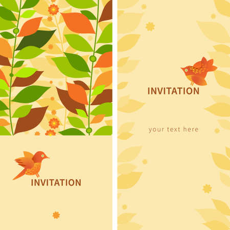 Vintage greeting cards with leaves and birds. Template frame design for invitation card in autumn motifs. のイラスト素材