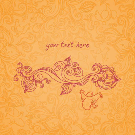 Outline floral vignette with bird, leaves and swirls on seamless pattern. Autumn concepts background. のイラスト素材