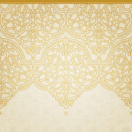 Vector seamless border in Eastern style. Ornate element for design and place for text. Ornamental lace pattern for wedding invitations and greeting cards. Traditional golden decor on light background.のイラスト素材