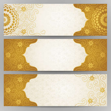 Vintage ornate cards with flowers and curls. Golden Victorian floral decor. Template frame for greeting card and wedding invitation. Ornate vector border in east style. Place for your text.のイラスト素材