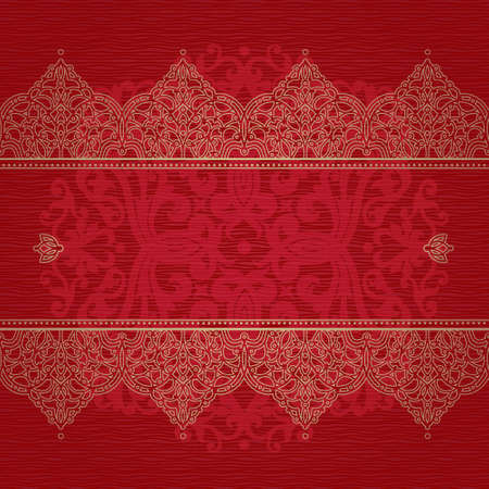 Vector seamless border in Eastern style. Ornate element for design and place for text. Ornamental lace pattern for wedding invitations and greeting cards. Traditional decor on red background.のイラスト素材
