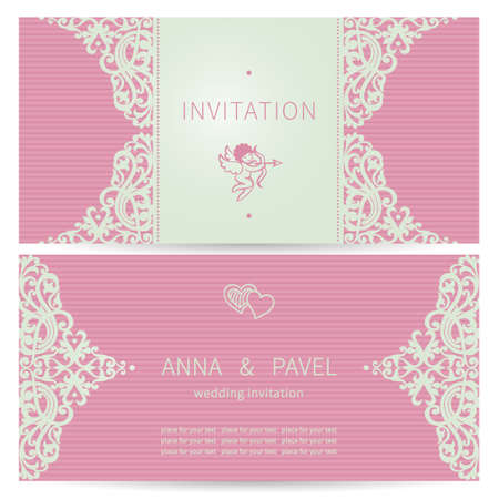 Vintage ornate cards in Victorian style. Eastern floral decor in modern colors. Template frame for greeting card and wedding invitation. Ornate vector border and place for your text.のイラスト素材
