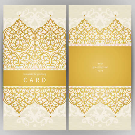Vintage ornate cards in oriental style. Golden Eastern floral decor. Template frame for greeting card and wedding invitation. Ornate vector border and place for your text.のイラスト素材