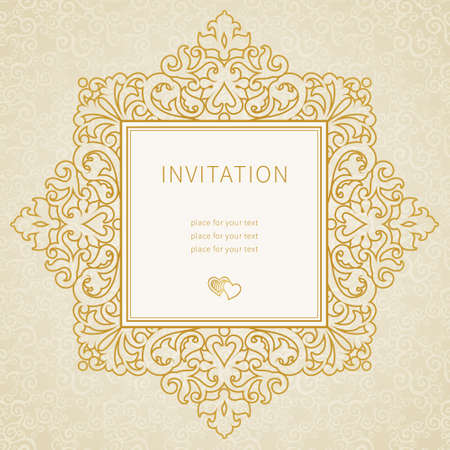 Vector lace frame in Eastern style. Ornate element for design and place for text. Gold ornamental pattern for wedding invitations and greeting cards. Traditional outline decor.のイラスト素材