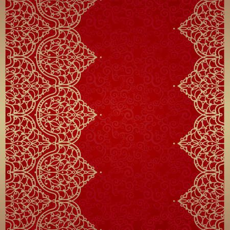 Vector seamless border in Eastern style. Ornate element for design and place for text. Ornamental lace pattern for wedding invitations and greeting cards. Traditional golden decor on red background.のイラスト素材