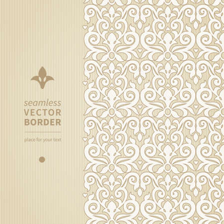 Vector seamless border in Victorian style. Element for design. Ornamental backdrop. Light lace background. Ornate floral decor for wallpaper. Endless texture. Monochrome pattern fill.のイラスト素材