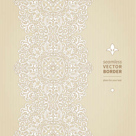 Vector seamless border in Victorian style. Element for design. Ornamental backdrop. Light lace background. Ornate floral decor for wallpaper. Endless texture. Monochrome pattern fill.のイラスト素材
