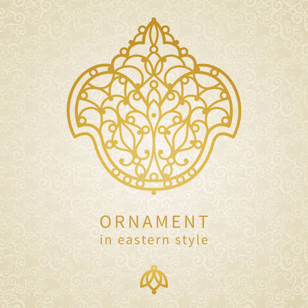 Vector ornament in Eastern style. Ornate element for design and place for text. Ornamental lace pattern for wedding invitations and greeting cards. Traditional golden decor on light background.のイラスト素材