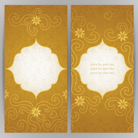 Vintage ornate cards with flowers and curls. Golden Victorian floral decor. Template frame for greeting card and wedding invitation. Ornate vector border in east style. Place for your text.のイラスト素材
