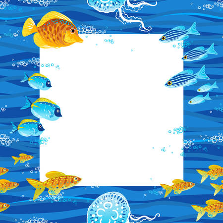 Bright vector pattern with tropical fishes. Design template. Marine life. Can be used for wallpaper, web page background, decorating of invitations, cards, decoration for bags and clothes.のイラスト素材