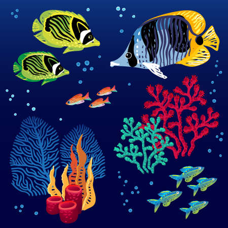 Colorful vector set of tropical fishes and corals. Marine life. It can be used for scrapbooking, decorating of invitations, cards and decoration for bags and clothes, web pages design.のイラスト素材