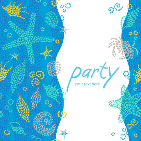 Bright invitation cards with sea elements. Marine life vector background. Sea pattern with fish and waves. Place for your text. Template frame design for card.のイラスト素材