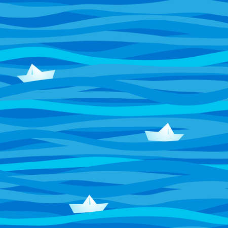 Blue seamless pattern with waves and paper boats. Marine waves background. It can be used for wallpaper, pattern fills, web page background, surface textures.のイラスト素材