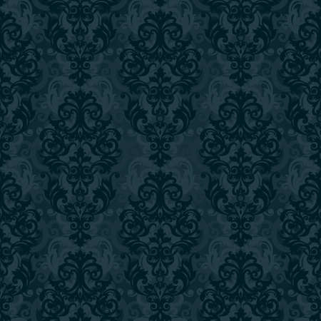 Vector seamless pattern with swirls and floral motifs in retro style. Victorian background of dark color. It can be used for wallpaper, pattern fills, web page background, surface textures.のイラスト素材
