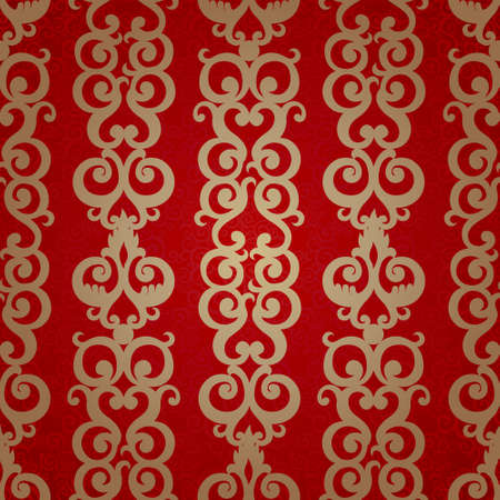 Vector seamless pattern with swirls motifs in retro style. Golden scroll work background. Endless east style backdrop. It can be used for decorating of invitations, greeting cards, decoration for bags.のイラスト素材