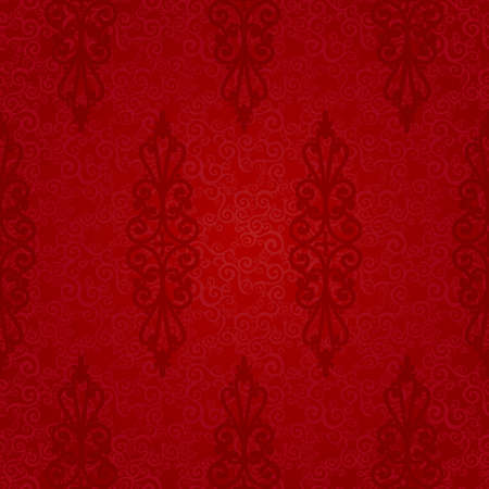 Vector seamless pattern with swirls and floral motifs in retro style. Victorian background of red color. It can be used for wallpaper, pattern fills, web page background, surface textures.のイラスト素材