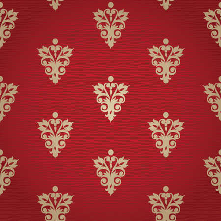 Vector seamless pattern with swirls and floral motifs in retro style. Victorian background of gold and red color. It can be used for wallpaper, pattern fills, web page background, surface textures.のイラスト素材