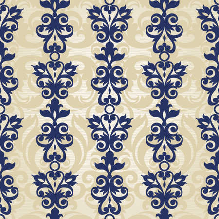 Vector seamless pattern with swirls and floral motifs in retro style. Victorian background of contrast color. It can be used for wallpaper, pattern fills, web page background, surface textures.のイラスト素材
