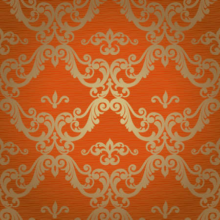 Vector seamless pattern with swirls and floral motifs in retro style. Golden Victorian background....