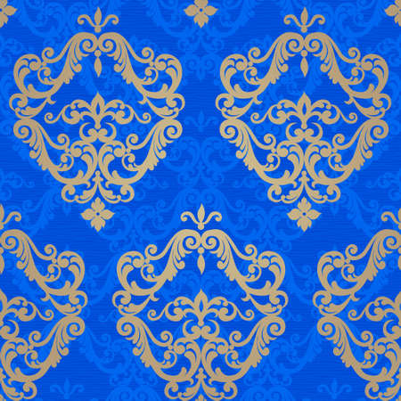 Vector seamless pattern with swirls and floral motifs in retro style. Victorian background of bright blue color. It can be used for wallpaper, pattern fills, web page background, surface textures.のイラスト素材