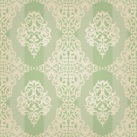 Vector seamless pattern with swirls and floral motifs in retro style. Victorian background of light green color. It can be used for wallpaper, pattern fills, web page background, surface textures.のイラスト素材