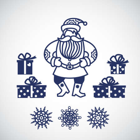 Jolly Santa Claus with a gifts and snowflakes. Christmas vector elements, winter holidays icons collection. Ornament for invitations, greeting cards, brochures, magazines, leaflets.のイラスト素材